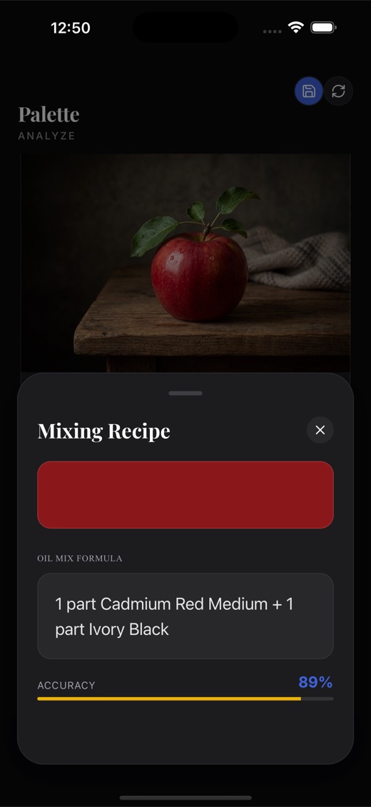 PalettePro showing a mixing recipe for a red apple